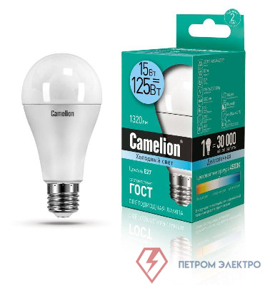 Лампа светодиодная LED15-A60/845/E27 15Вт грушевидная 4500К E27 1320лм 220В бел. Camelion 12186 0