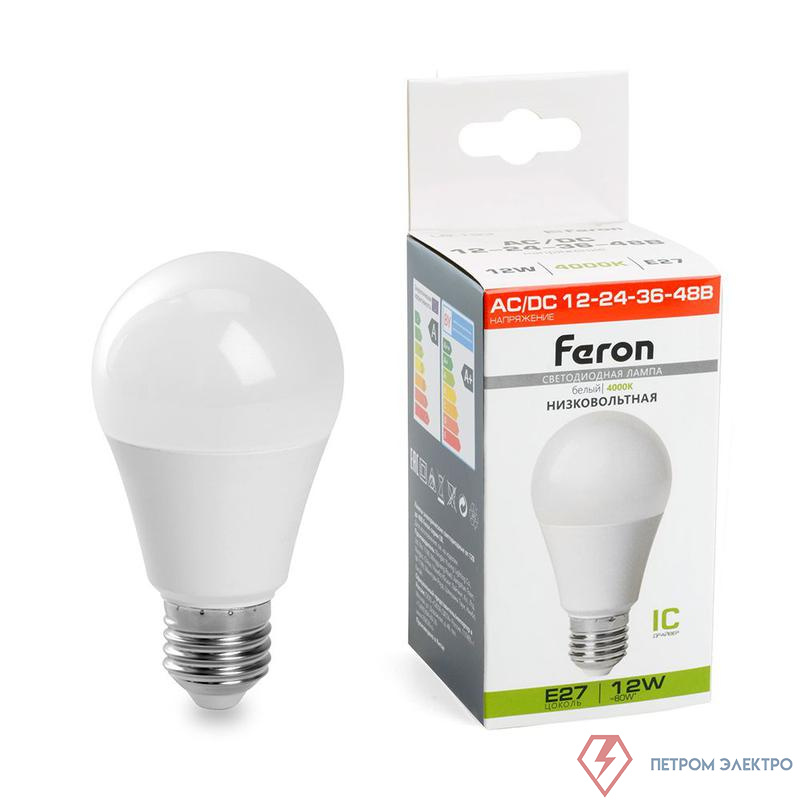 Лампа светодиодная LB-193 12Вт A60 грушевидная 4000К E27 12-48В низковольтная FERON 48729