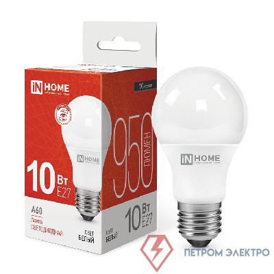 Лампа светодиодная LED-A60-VC 10Вт грушевидная 4000К нейтр. бел. E27 950лм 230В IN HOME 4690612020211 0
