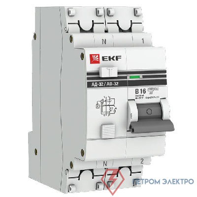 Выключатель автоматический дифференциального тока 2п B 16А 10мА тип AC 4.5кА АД-32 защита 270В электрон. PROxima EKF DA32-16-B-10-pro