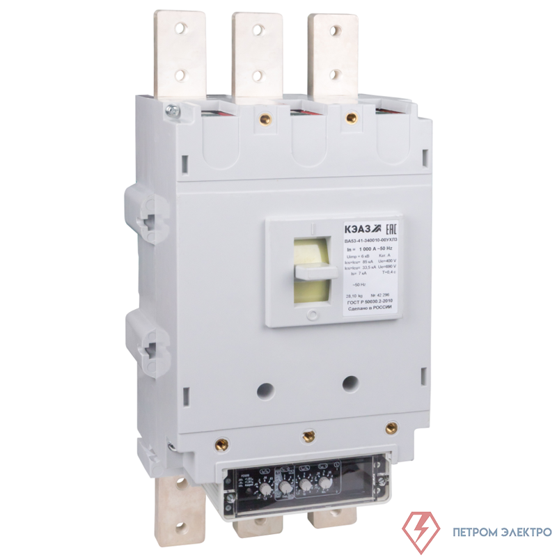 Выключатель автоматический 3п 1000А 135кА ВА53-41 340010 УХЛ3 690В AC передн. подкл.: Cu шина; кабель с каб. наконечн. КЭАЗ 108076