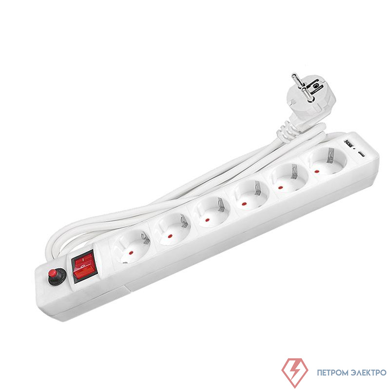Удлинитель с сетевым фильтром 6х3м с заземл. 10А IP20 2.2кВт USB type-A + type-C ПВС 3х0.75 с выкл. бел. UNIVersal 2544