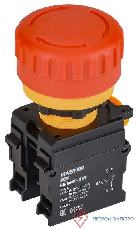 Кнопка "Грибок" 1НО+1НЗ MASTER поворотн. с фиксацией красн. IEK MI-BG60-11ZS-3-23-K04