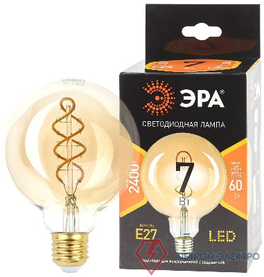 Лампа светодиодная филаментная F-LED G95-7W-824-E27 7Вт G95 шар золотая 2400К спирал. тепл. бел. E27 Эра Б0047663