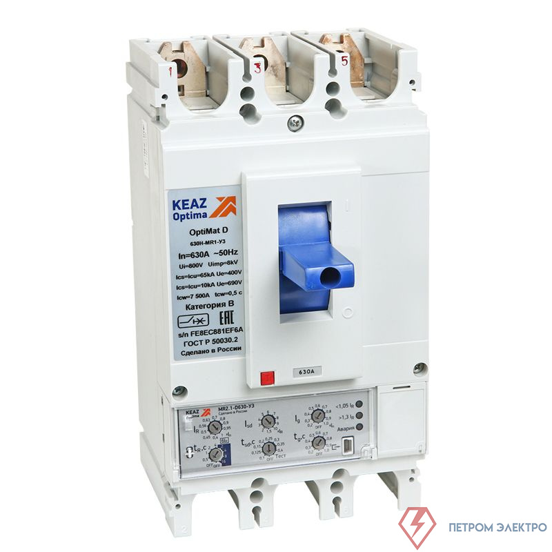 Выключатель автоматический 3п 400А диапазон уст. 252...630А 50кА OptiMat D630F-TM400 УХЛ3 КЭАЗ 291470