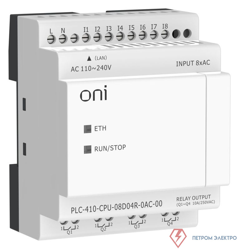 Модуль ЦПУ ПЛК 410 8 DI 4 RO 220В AC с Ethernet портом без экрана ONI PLC-410-CPU-08D04R-0AC-00