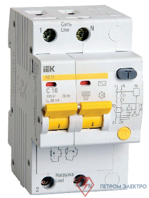 Выключатель автоматический дифференциального тока 2п B 16А 30мА тип A 4.5кА АД-12М IEK MAD10-2-016-B-030