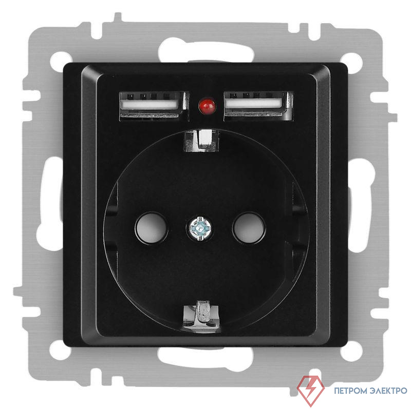 Розетка Accent 6-410-05 P+E Schuko со шторками 16А-250В + 2хUSB IP20 СУ антрацит Intro Б0063698