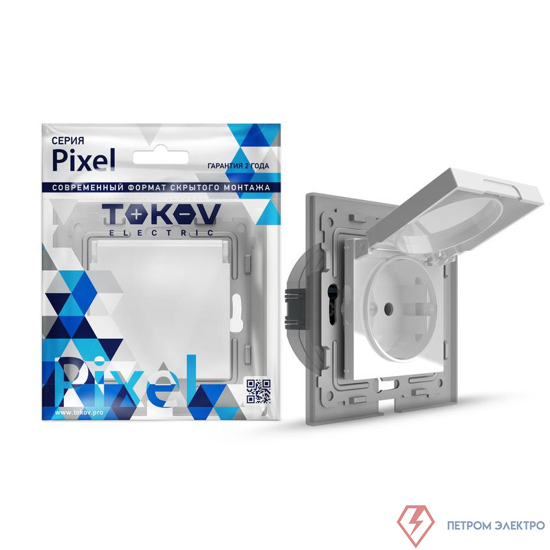 Розетка 1-м СП Pixel IP44 с заземл. с крышкой механизм бел. TOKOV ELECTRIC TKE-PX-R1ZSW1-C01-IP44
