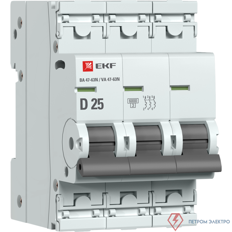 Выключатель автоматический модульный 3п D 25А 6кА ВА 47-63N PROxima EKF M636325D
