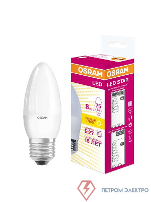 Лампа светодиодная LED STAR CLASSIC B 75 8W/830 8Вт свеча 3000К тепл. бел. E27 806лм 220-240В матов. пласт. OSRAM 4058075210745