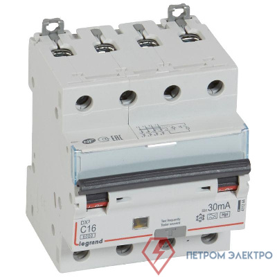 Выключатель автоматический дифференциального тока 4п C 16А 30мА F 6кА DX3 F Leg 411244