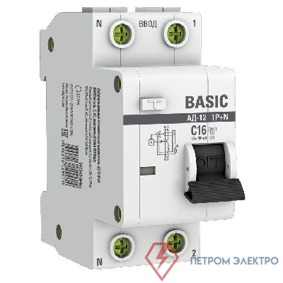 Выключатель автоматический дифференциального тока 2п (1P+N) C 16А 30мА тип AC 4.5кА АД-12 Basic EKF DA12-16-30-bas