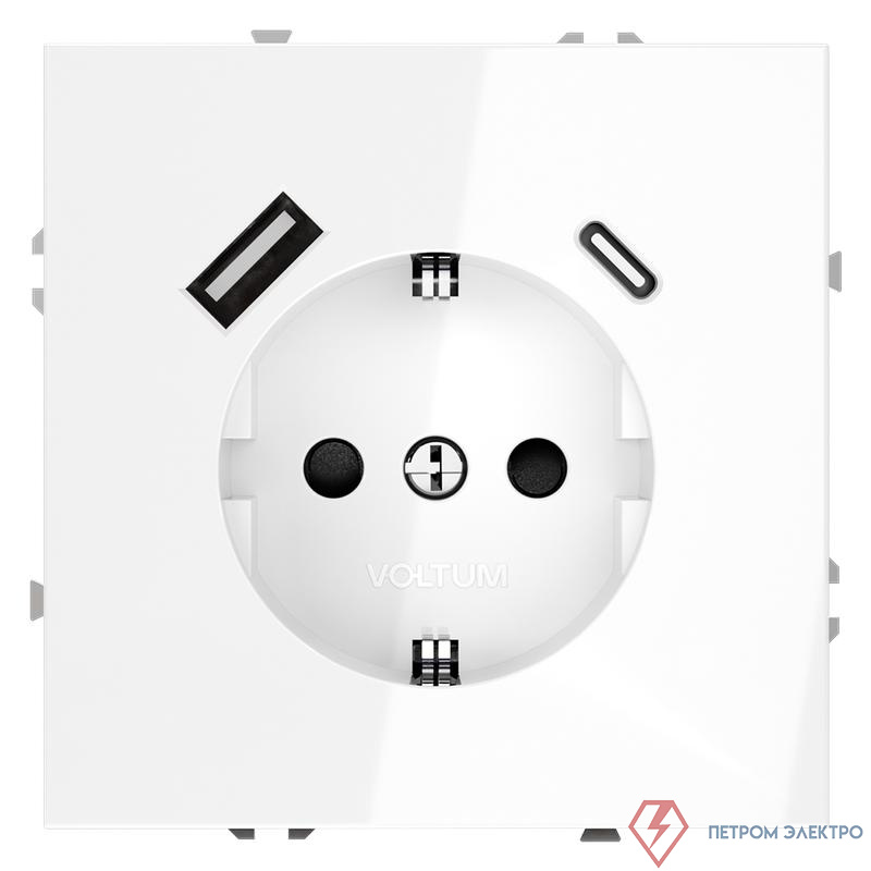 Розетка 1-м СП S70 16А с USB тип A+С механизм с заземл. защ. шторки бел. глянцевый Voltum VLS040501