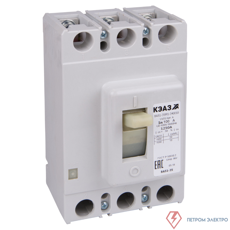 Выключатель автоматический 3п 100А 800Im 20кА ВА51-35М1-340010 УХЛ3 440В DC КЭАЗ 254007