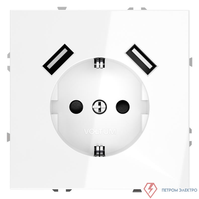 Розетка 1-м СП S70 16А с USB A+A с заземл. защ. шторки механизм бел. глянцевый Voltum VLS040401