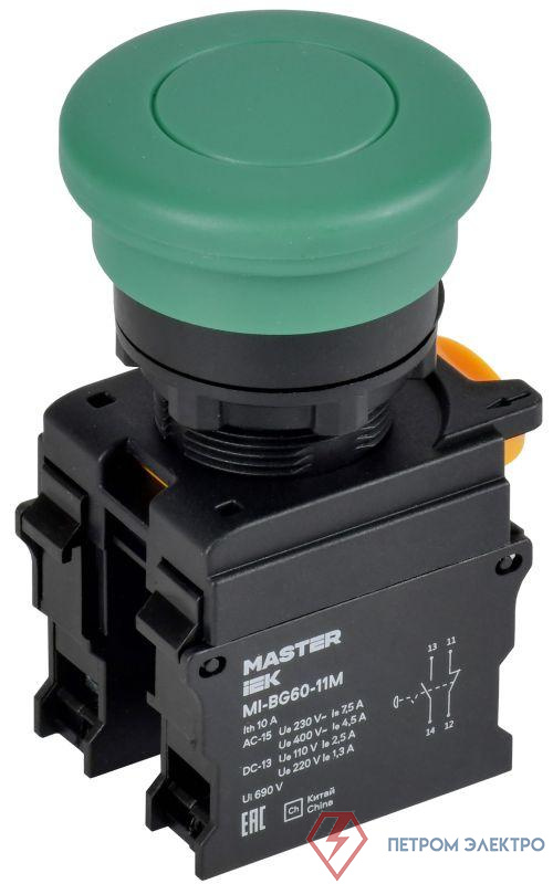 Кнопка "Грибок" d22мм 1НО+1НЗ MASTER с фиксацией зел. IEK MI-BG60-11M-3-21-K06