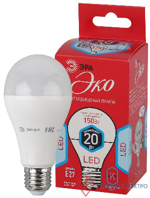 Лампа светодиодная ECO A65-20W-840-E27 (диод груша 20Вт нейтр E27) (10/100/1200) ЭРА Б0031710 0