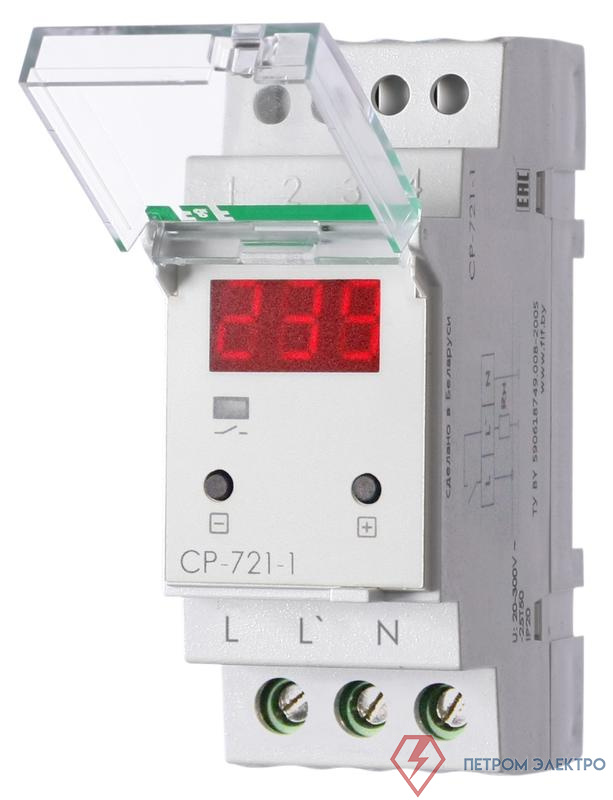 Реле напряжения CP-721-1 (CP-721-63A) (однофазное; цифровая индикация; напряжение питания 50-450В контакт 1NO 63А встроен. таймер регистрация аварий в памяти индикация текущего напряжения) (аналог УЗМ) F&F EA04.009.013