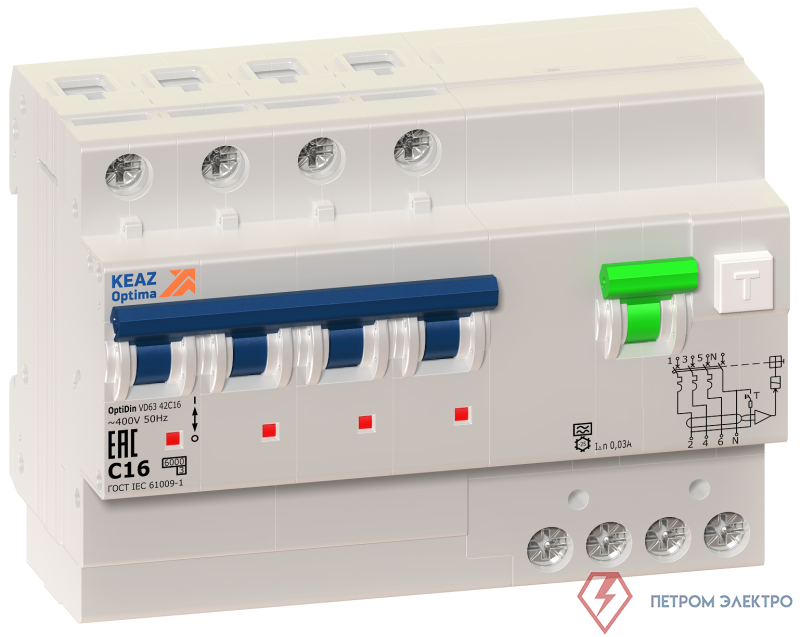 Выключатель автоматический дифференциального тока 4п B 16А 30mA тип A OptiDin VD63 УХЛ4 КЭАЗ 338317