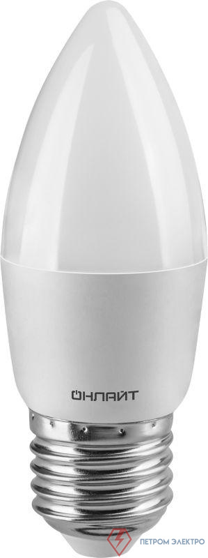 Лампа светодиодная 61 130 OLL-C37-8-230-6.5K-E27-FR 8Вт свеча 6500К холод. бел. E27 800лм 176-264В ОНЛАЙТ 61130