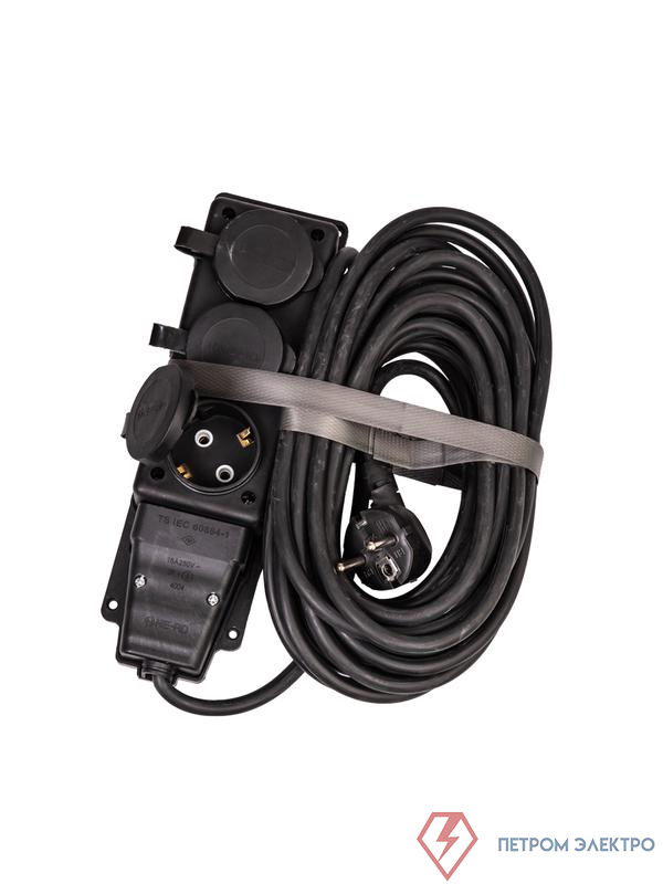 Удлинитель на каучуковой колодке 3х10м 16А IP44 250В 4кВт каучук КГ 3х2.5 черн. УХз16 Россия КОСМОС YKsm10m-3g(16A)KG-B