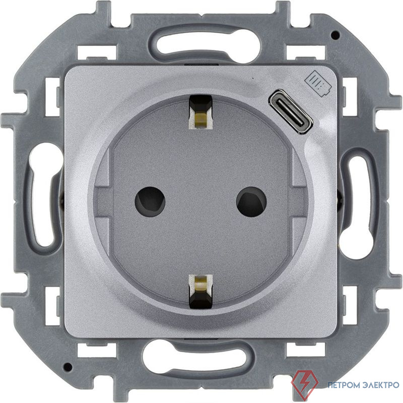 Розетка 1-м СП Inspiria 16А IP20 250В 2P+E немецк. стандарт с заряд. устр. USB тип C 1.5А 5В механизм алюм. IEK 673772