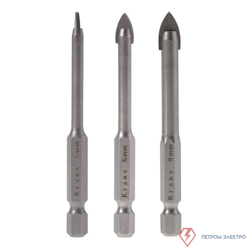Набор сверл по керамической плитке 5-6-8мм шестигранный хвостовик Kranz KR-91-0655