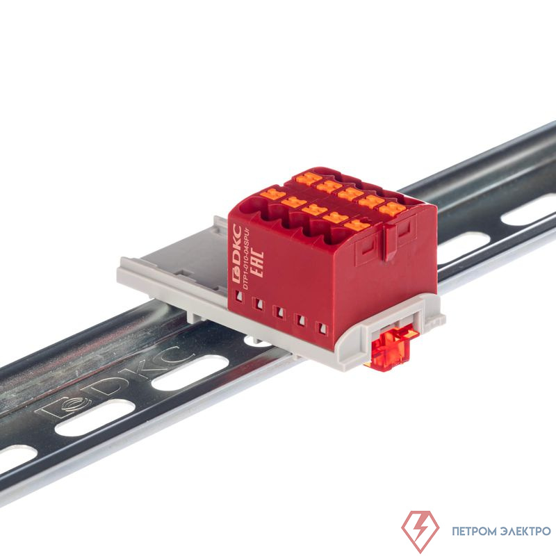 Блок распределительный с вертикал. адаптером на рейки шир. 15/35мм зажим push-in 10 точек подключения 2.5кв.мм красн. DKC DTP1-010-04SPUR-V