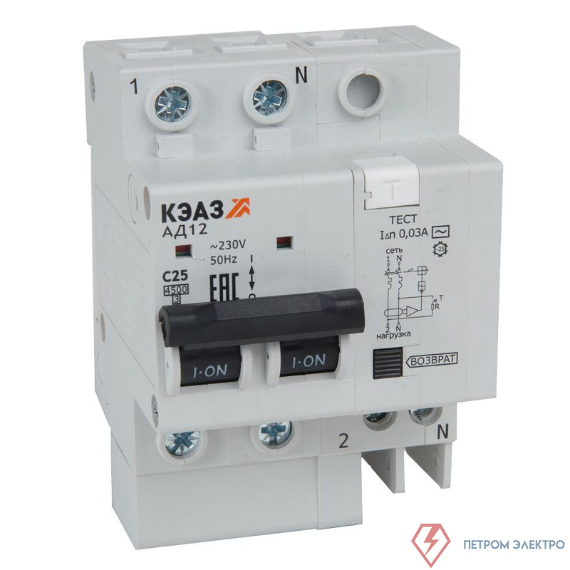 Выключатель автоматический дифференциального тока 2п C 40А 30мА тип AC 4.5кА АД12-22C40-AC-УХЛ4 с защитой от сверхтоков КЭАЗ 318372
