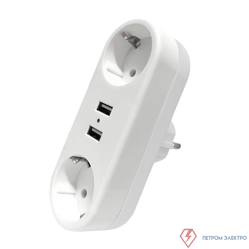 Разветвитель 2-м плоский с заземл.16А 2USB А+А 2.4А 3500Вт бел. DOMTOK 2732