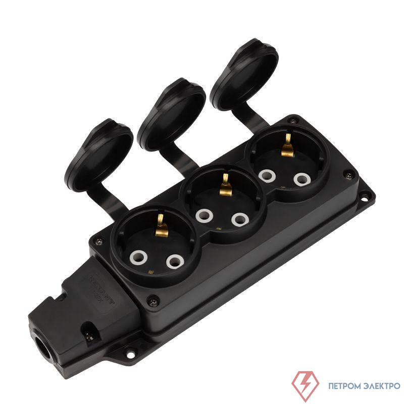 Колодка удлинителя 3-м с заземл. 16А IP54 влагозащ. с защ. крышкой COMPACT каучук черн. Rexant 111-223