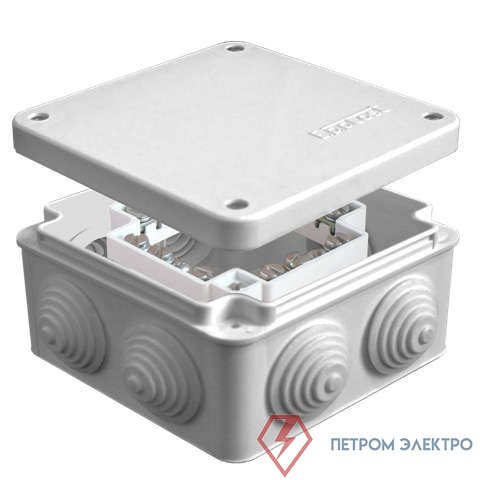 Коробка распределительная ОП 105х105х56мм IP54 с клемм. 7 выходов 4 гермоввода 16А 24 контакта крышка на винтах сер. Epplast 110058