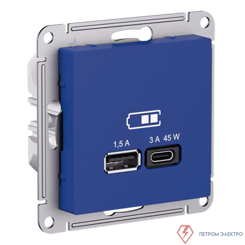 Розетка USB AtlasDesign тип A+C 45Вт высокоскор. ЗУ QC PD механизм аквамарин SE ATN001129
