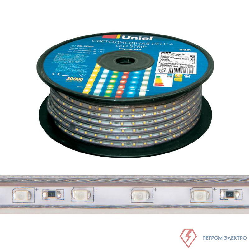 Лента светодиодная ULS-2835-120LED/m-10mm-IP67-220V-10W/m-50M-4000K 10Вт/м 120LED/м 4000К нейтр. бел. IP67 220В 10мм гибкая герметичная (уп.50м) Uniel UL-00006481