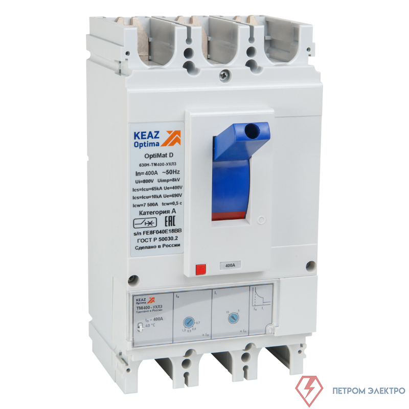 Выключатель автоматический 3п 320А диапазон уст. 252...630А 40кА OptiMat D630N TM320 УХЛ3 РЕГ КЭАЗ 353174