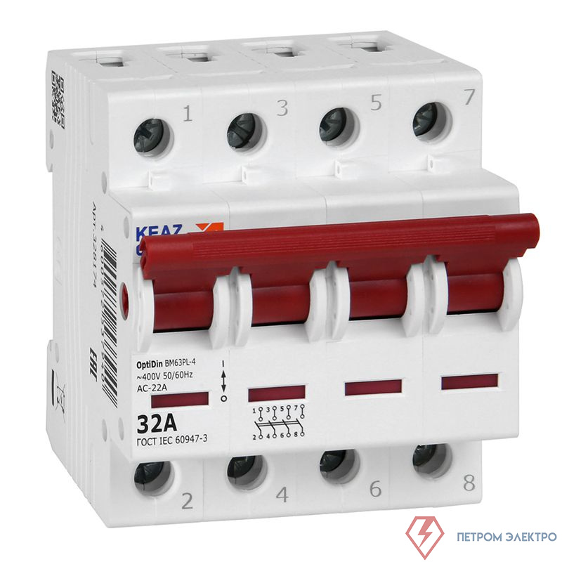 Выключатель нагрузки модульный 4п 32А OptiDin BM63PL-432-УХЛ3 (ВМ63PL) КЭАЗ 328174