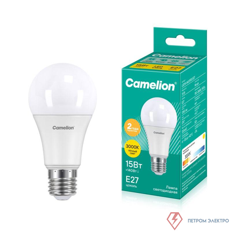 Лампа светодиодная LED15-A60/830/E27 15Вт грушевидная 3000К тепл. бел. E27 1280лм 170-265В Camelion 12185