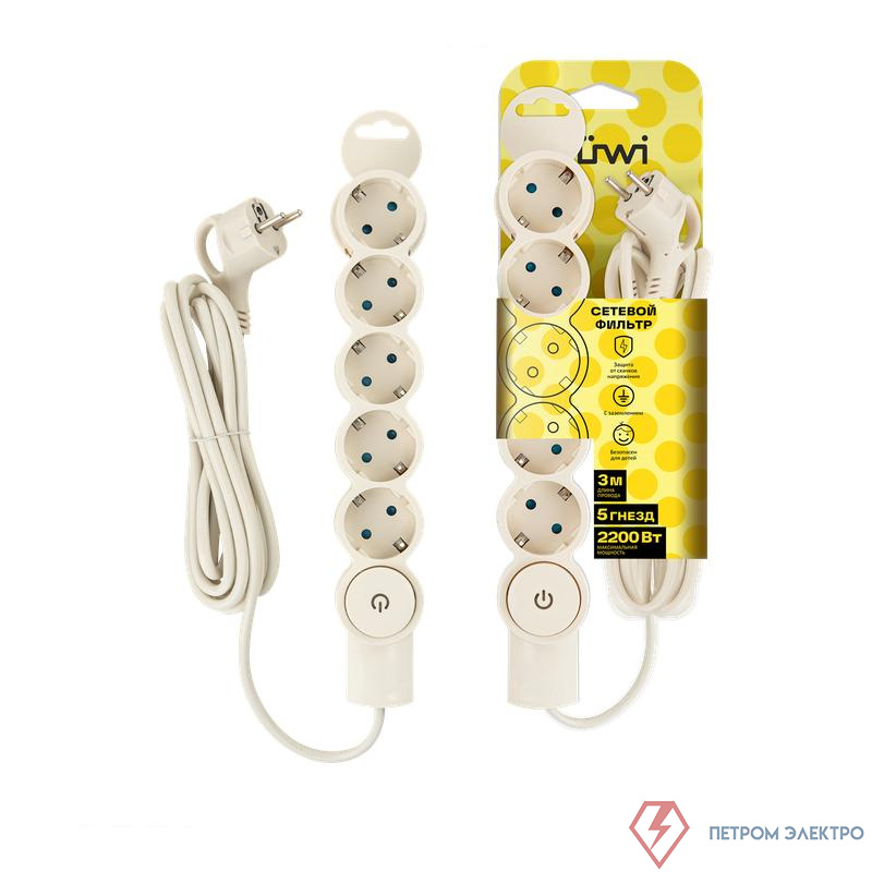 Фильтр сетевой 5х3м с/з с выкл 2кВт 10А/2 сл. кость Duwi 32572 7