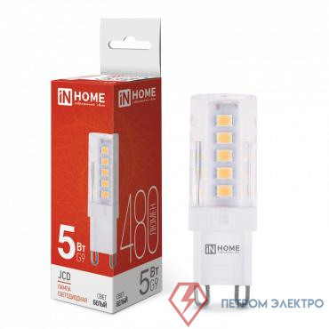 Лампа светодиодная LED-JCD 5Вт капсульная прозрачная 4000К нейтр. бел. G9 480лм 230В IN HOME 4690612036328