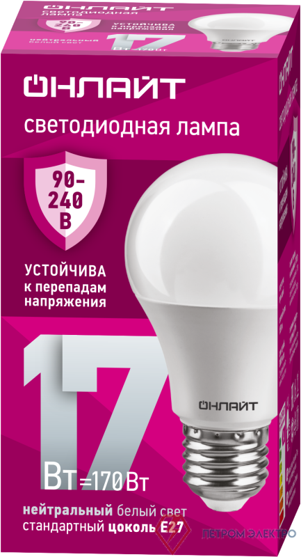 Лампа светодиодная 90 403 OLL-A60-17-230-4K-E27 17Вт грушевидная 4000К E27 90-240В PRO ОНЛАЙТ 90403