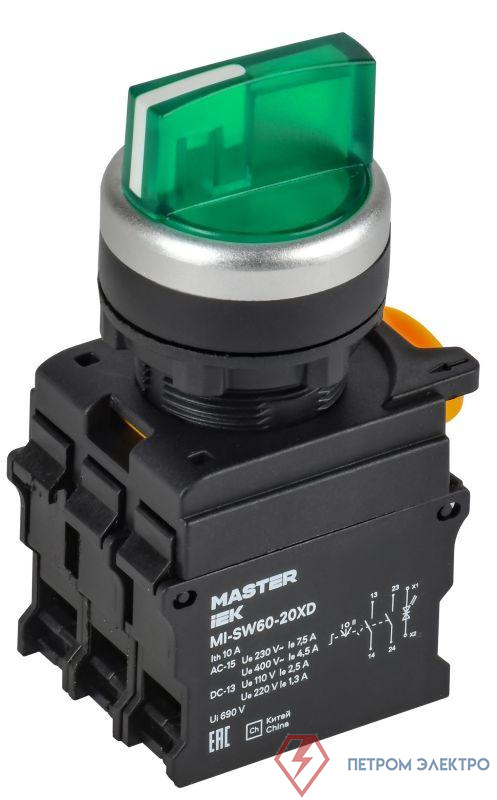 Переключатель 3 полож. 2НЗ с подсветкой зел. MASTER IEK MI-SW60-20XD-4-14-3-K06