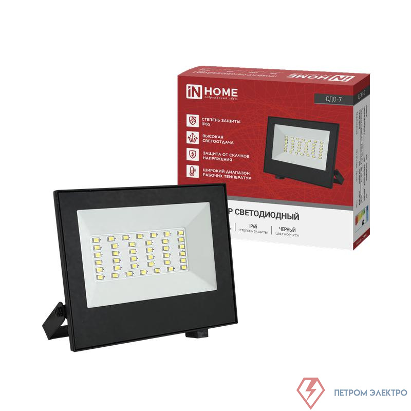 Прожектор светодиодный СДО-7 50Вт 4000К IP65 230В черн. IN HOME 4690612055145