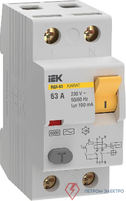 Выключатель дифференциального тока (УЗО) 2п 63А 100мА 6кА тип AC ВД3-63 KARAT IEK MDV20-2-063-100