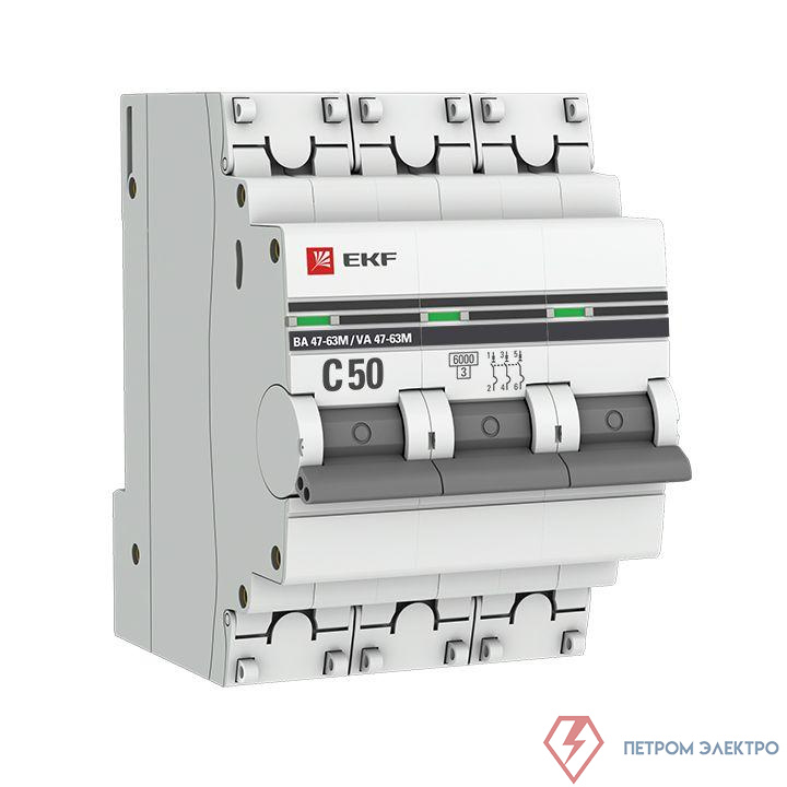 Выключатель автоматический модульный 3п C 50А 6кА ВА 47-63M электромагнит. расцеп. PROxima EKF mcb4763m-6-3-50C-pro
