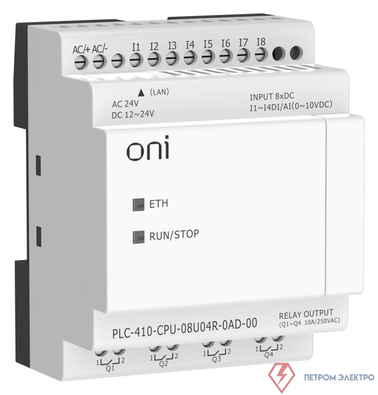 Модуль ЦПУ ПЛК 410 4 DI 4 UI (0-10 В/DI) 4 RO 12В-24В DC или 24В AC с Ethernet портом без экрана ONI PLC-410-CPU-08U04R-0AD-00