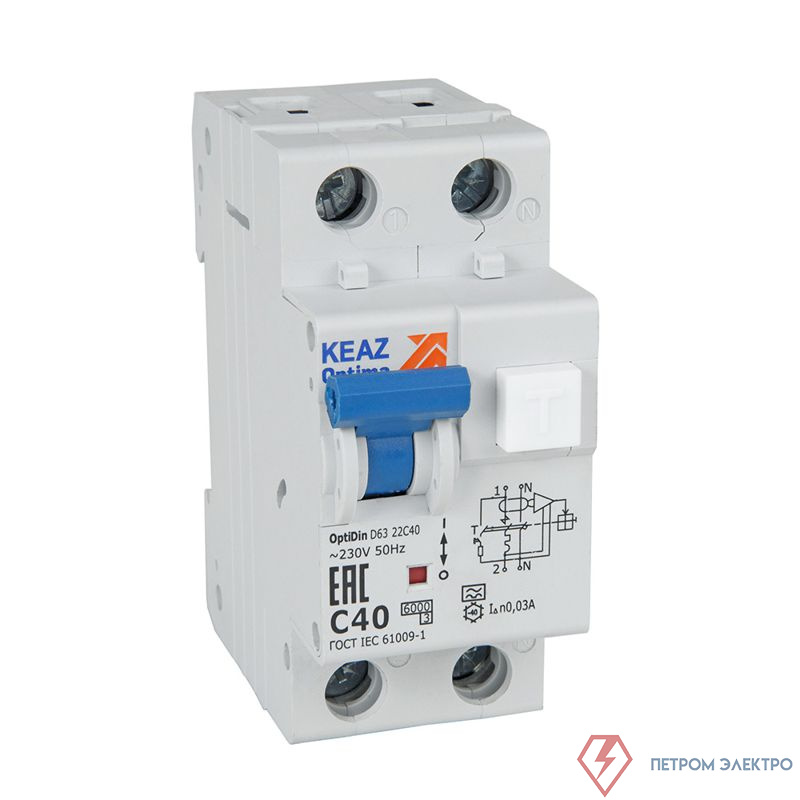 Выключатель автоматический дифференциального тока 2п C 10А 30мА тип A 6кА OptiDin D63-22C10-A-У3 с защитой от сверхтоков КЭАЗ 333141