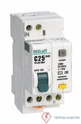 Выключатель автоматический дифференциального тока 2п (1P+N) C 25А 30мА тип AC 4.5кА ДИФ-102 2мод. DEKraft 16005DEK