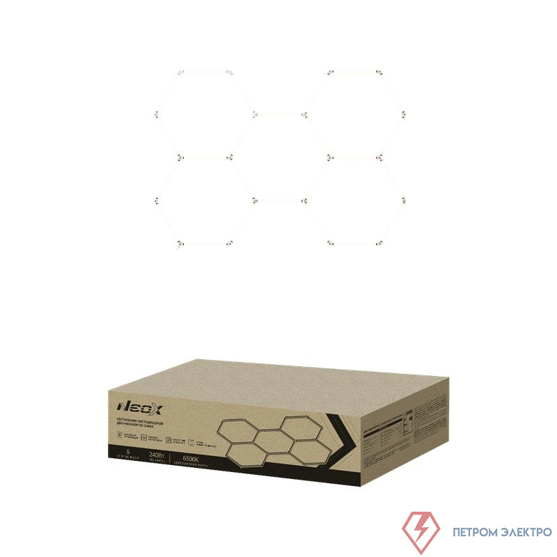 Светильник светодиодный ДБО-HEXAGON 5С-24065 240Вт 6500К 230В 1628х2380мм 5 сот 0.5м шнур с вилкой NEOX 4690612066622