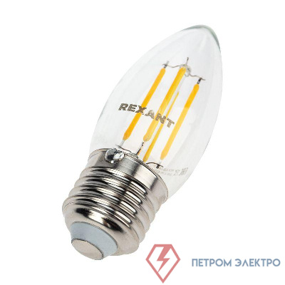 Лампа филаментная Свеча CN35 7.5Вт 600лм 2700К E27 диммируемая прозр. колба Rexant 604-089